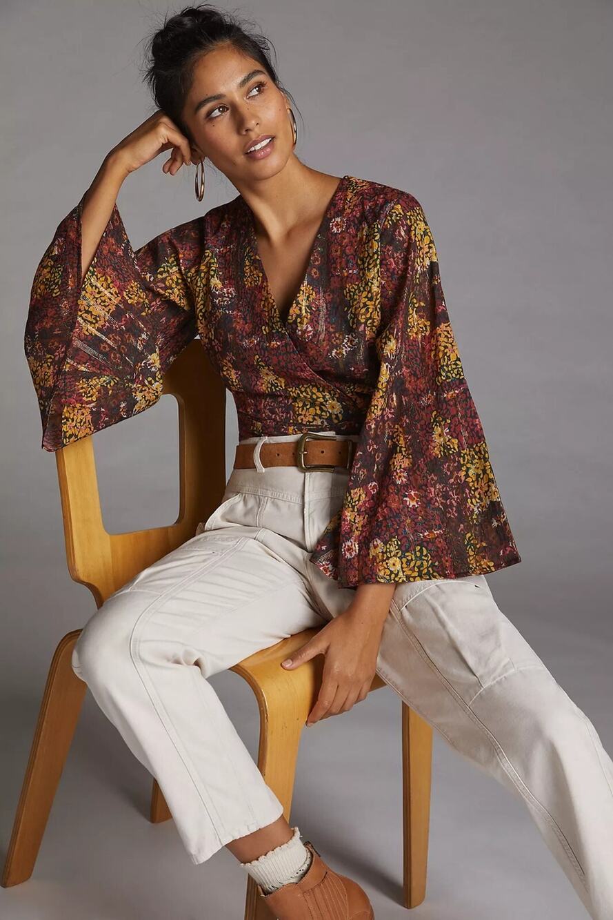 NEW Anthropologie Bell Sleeved Wrap Blouse by Roopa Pemmaraju Size Small Floral